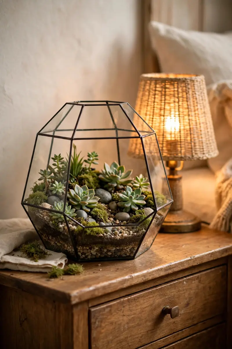 Glass terrarium with succulents on a bedroom nightstand