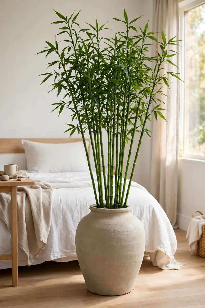 Tall bamboo stems in a large floor vase in a minimal bedroom