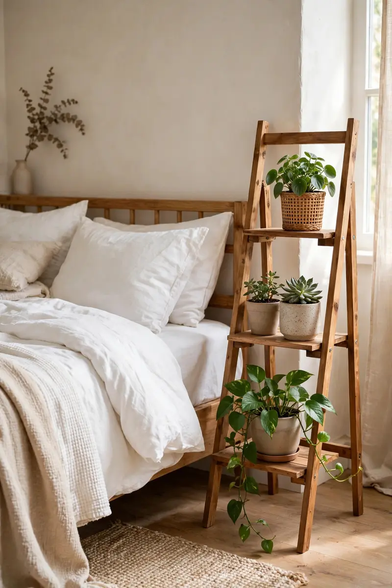 Small plant ladder with potted plants beside a bed