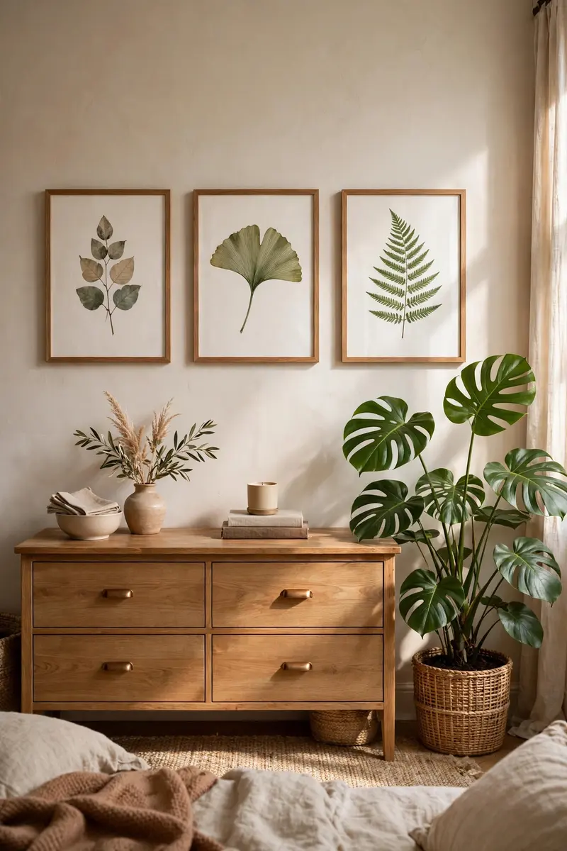 Framed botanical leaf prints above a dresser paired with a real monstera plant