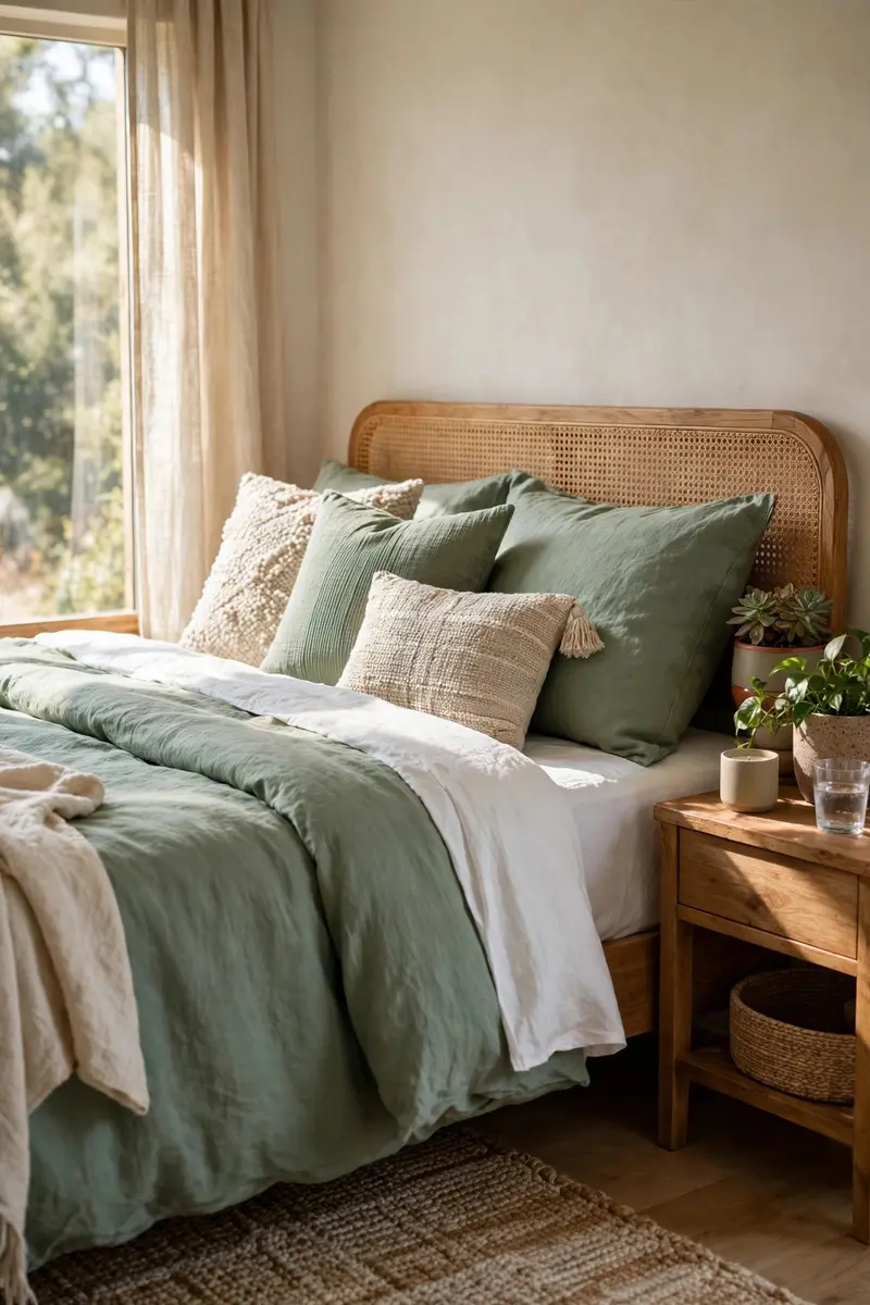 Sage green bedding layered with throws in a bedroom with live plants