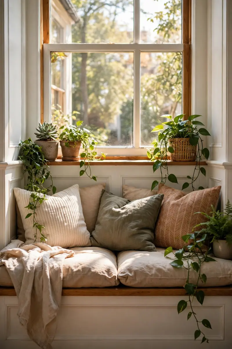 Window seat with cushions surrounded by potted plants in a sunny bedroom