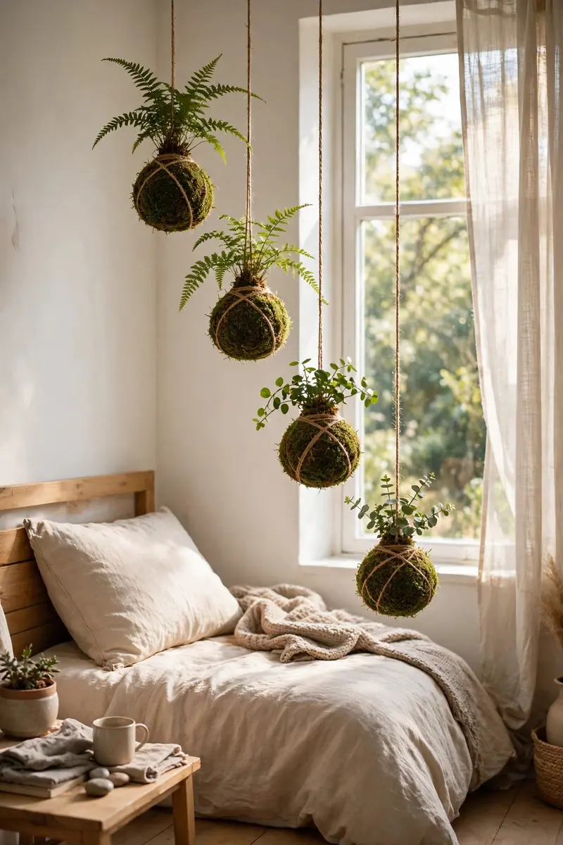 Hanging kokedama moss balls with plants near a bedroom window