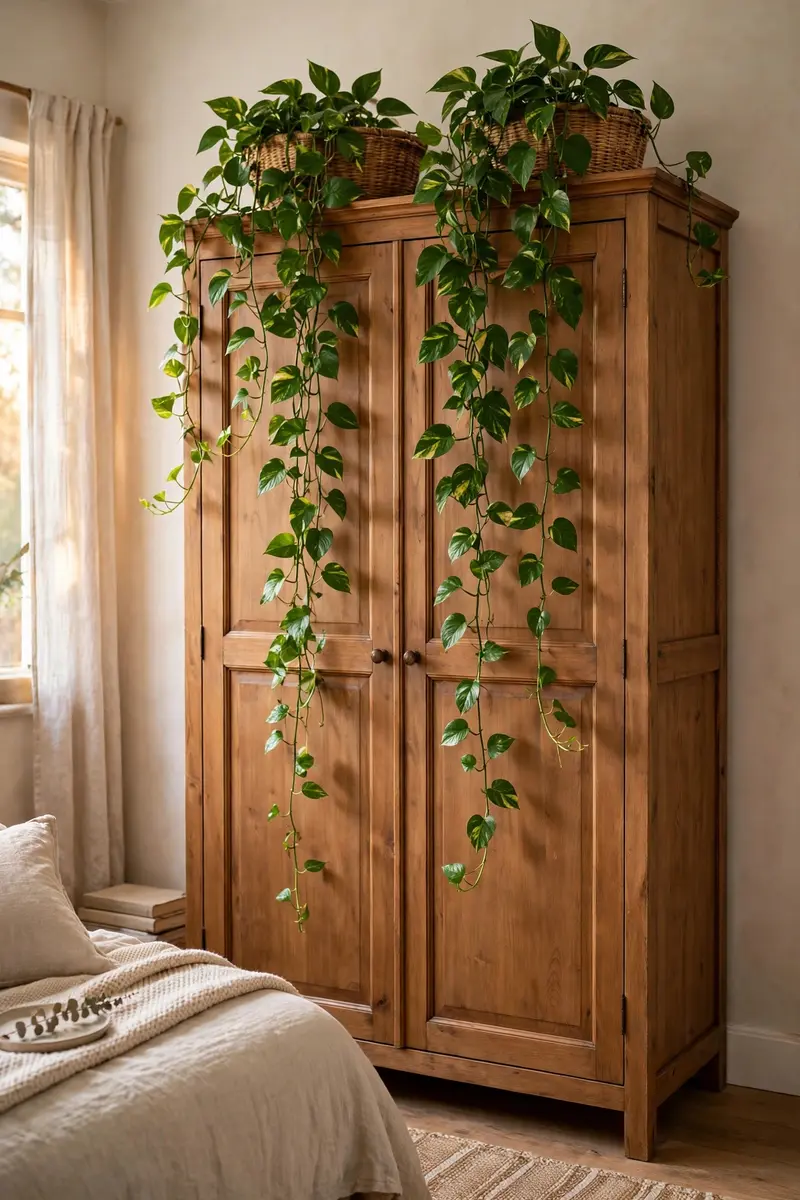 Trailing pothos plants on top of a bedroom wardrobe