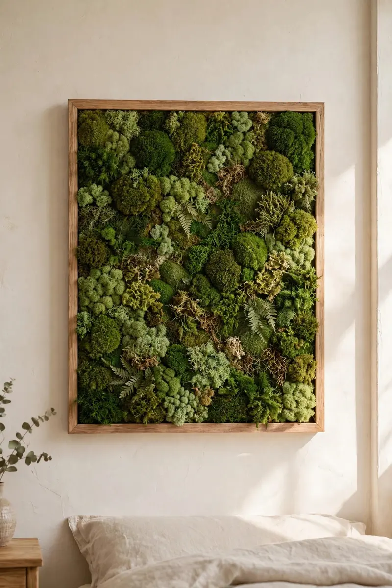 Preserved moss wall art in a frame on a bedroom wall