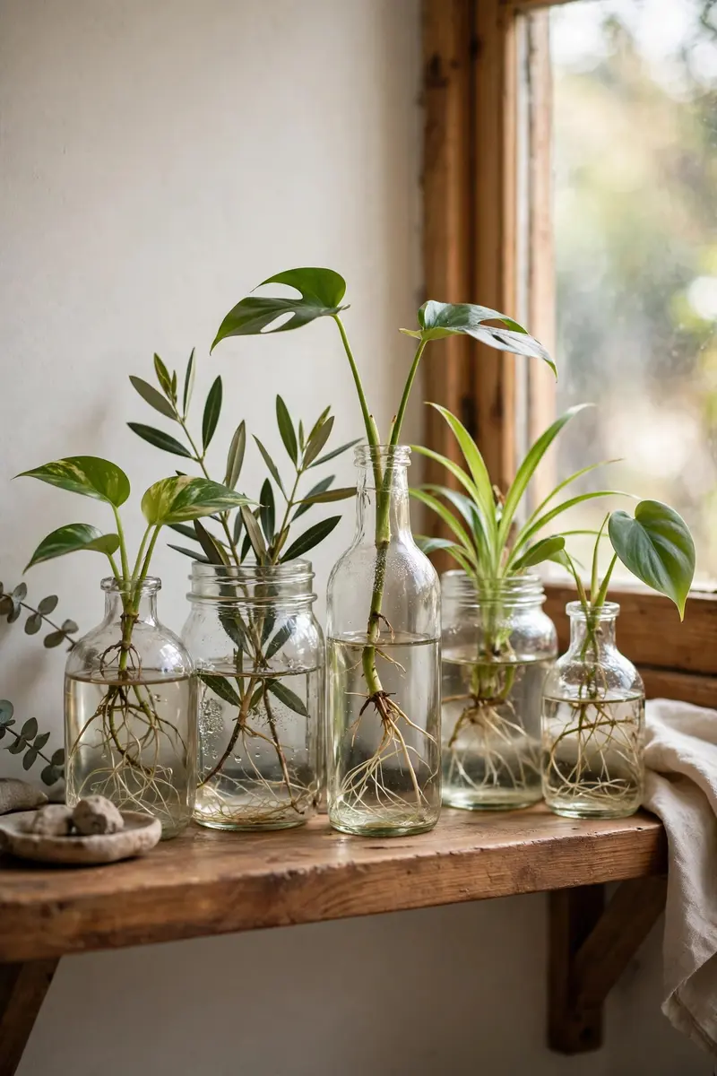 Glass jars with plant cuttings rooting in water on a bedroom shelf