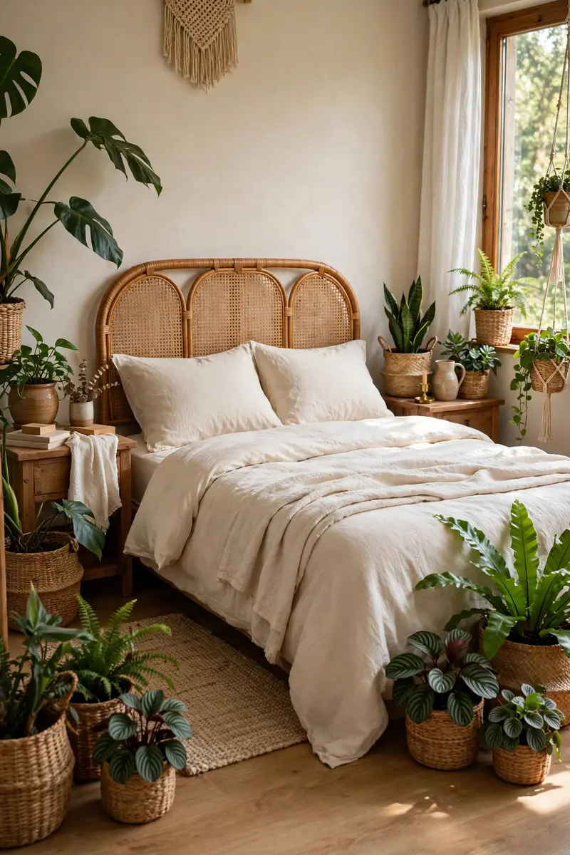 Rattan headboard bedroom with plants in woven baskets