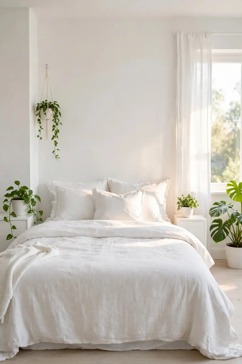 Crisp white bedroom with green plants as the main color accent
