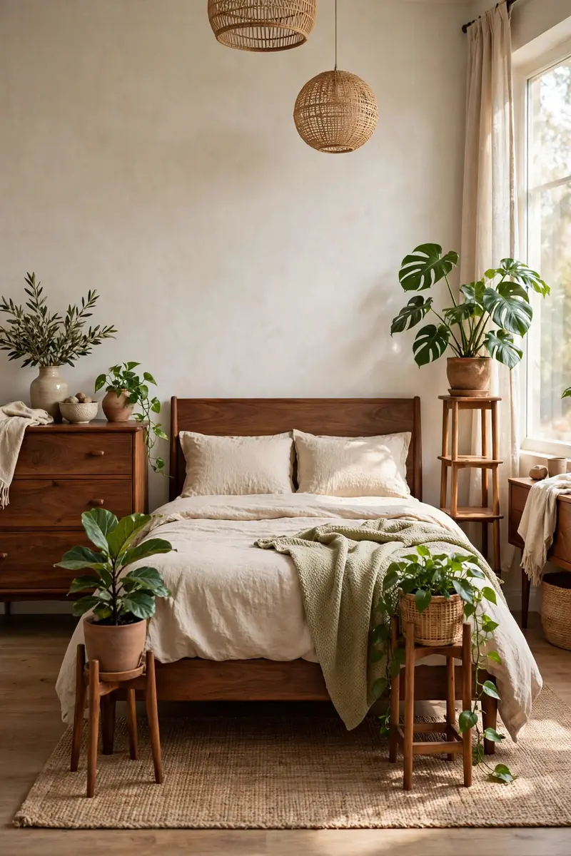 Warm wood bedroom furniture with green plants on wooden stands