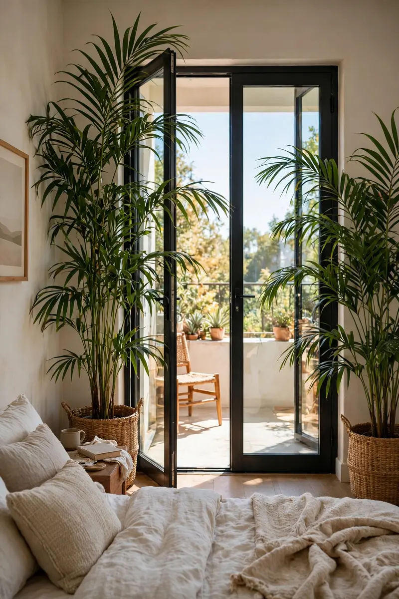 Tall plants framing a bedroom door opening onto a balcony