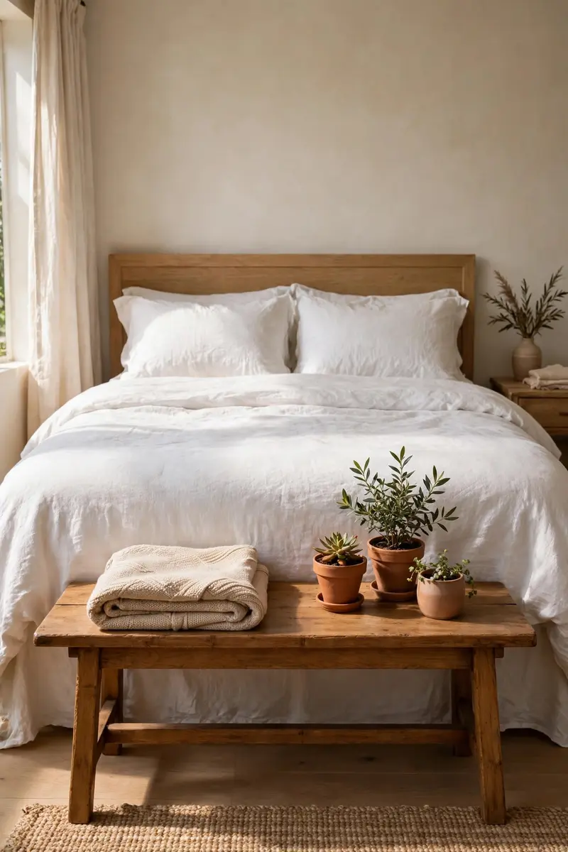 Bench at the foot of a bed styled with small potted plants