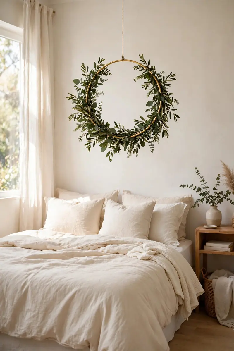 Metal hoop wrapped in greenery hanging above a bed
