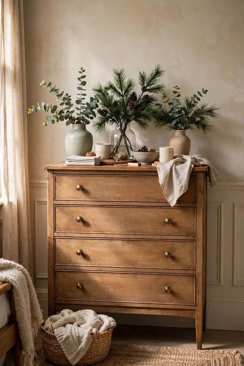 Seasonal greenery arrangement with eucalyptus and pine sprigs in a bedroom