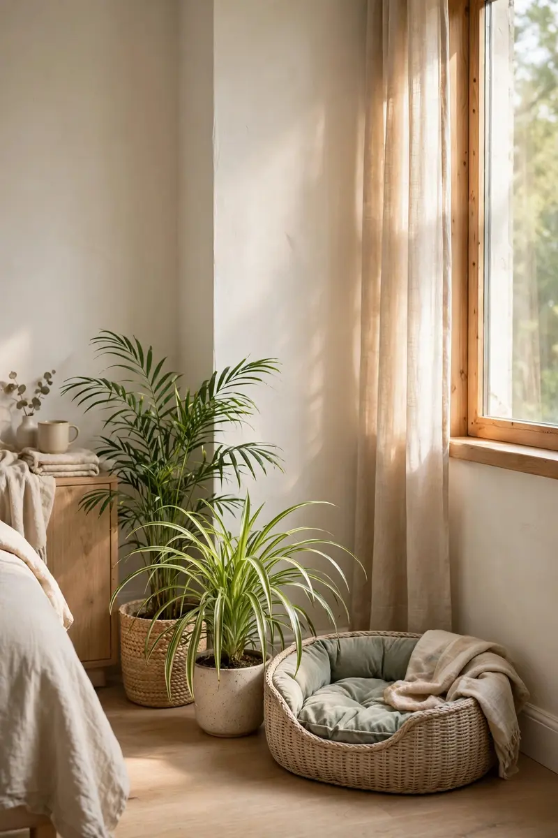 Pet-safe spider plant and parlor palm in a bedroom with a pet bed