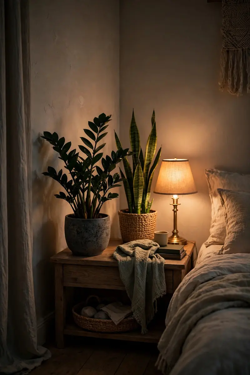 Low-light ZZ plant and snake plant in a dim bedroom corner