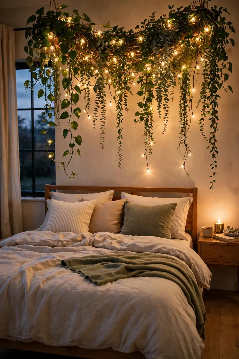 Trailing plants woven with warm fairy lights above a bed in the evening