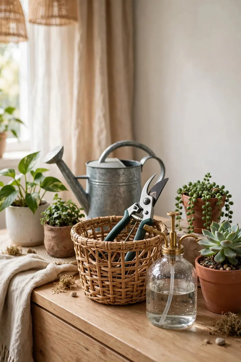 Bedroom plant care corner with watering can and mister in a basket