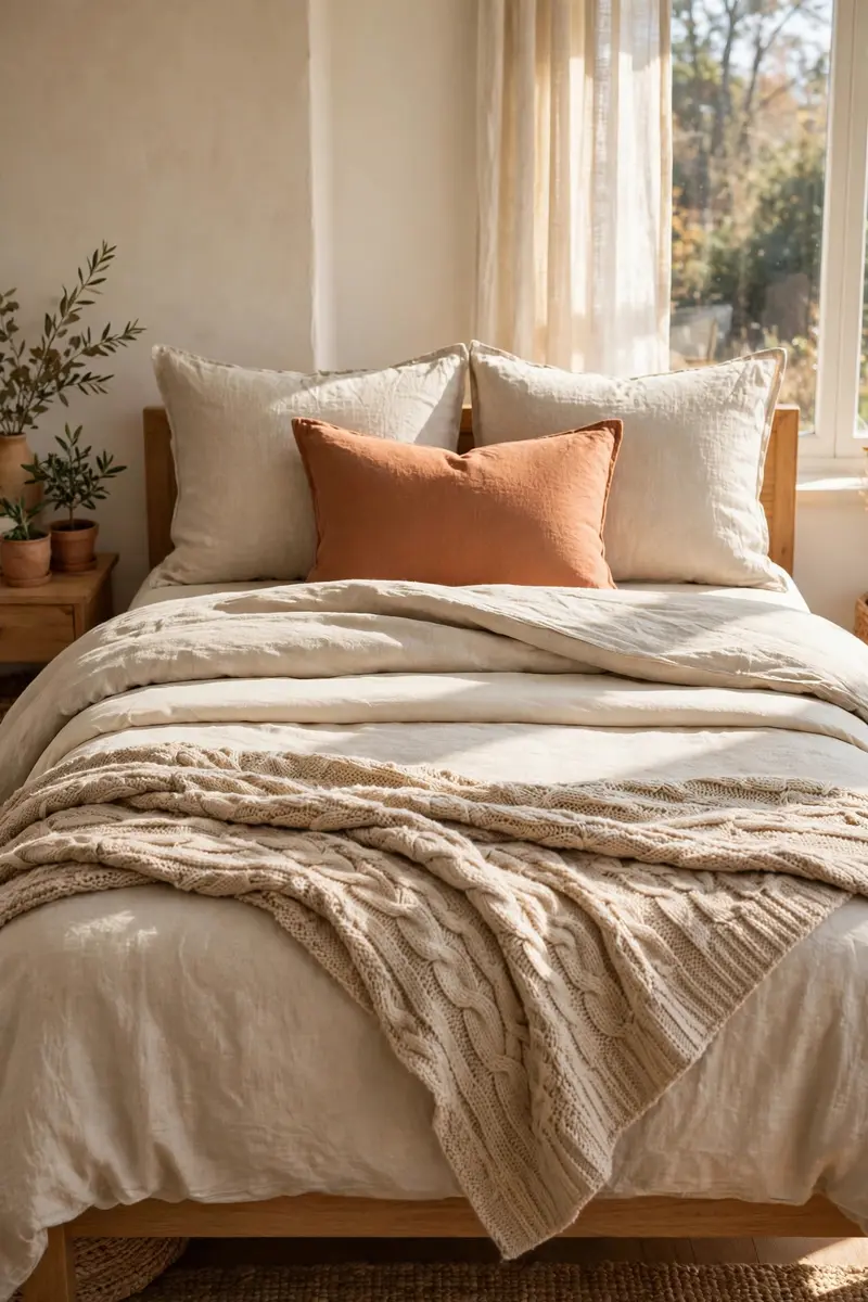 Bedroom inspo ideas — layered warm-neutral bedding with cream linen and a chunky knit throw