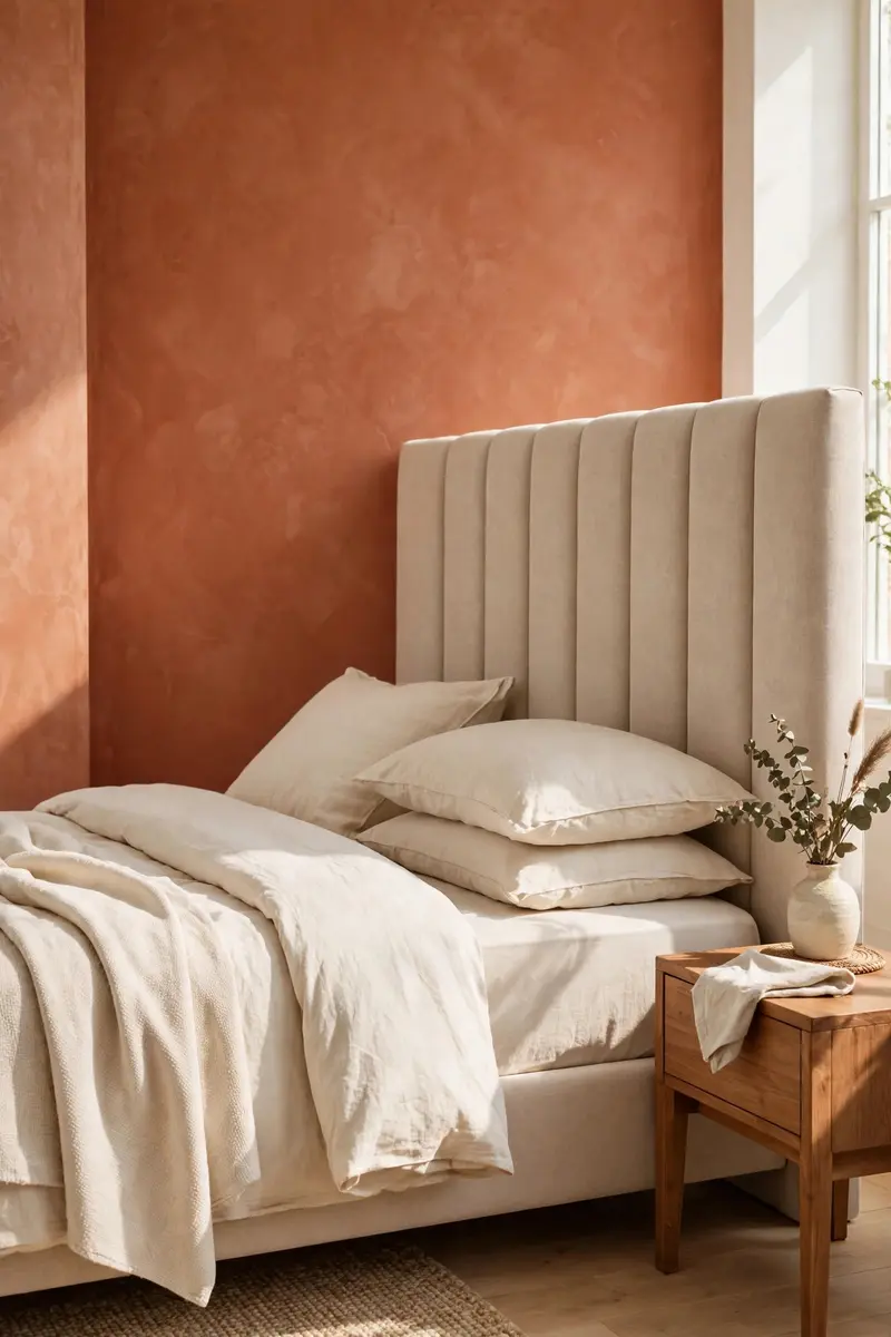 Bedroom inspo ideas — terracotta statement headboard wall with beige upholstered headboard