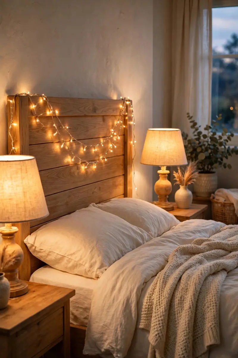 Bedroom inspo ideas — layered warm lighting with bedside lamps and fairy lights