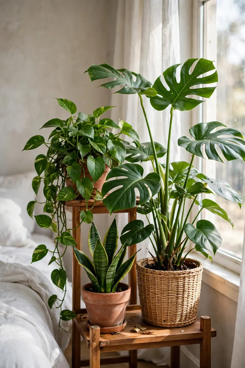 Lush bedroom greenery corner with monstera, trailing pothos and snake plant by a window