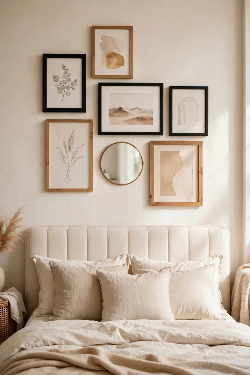 Gallery wall of framed art prints above a cream upholstered bed headboard