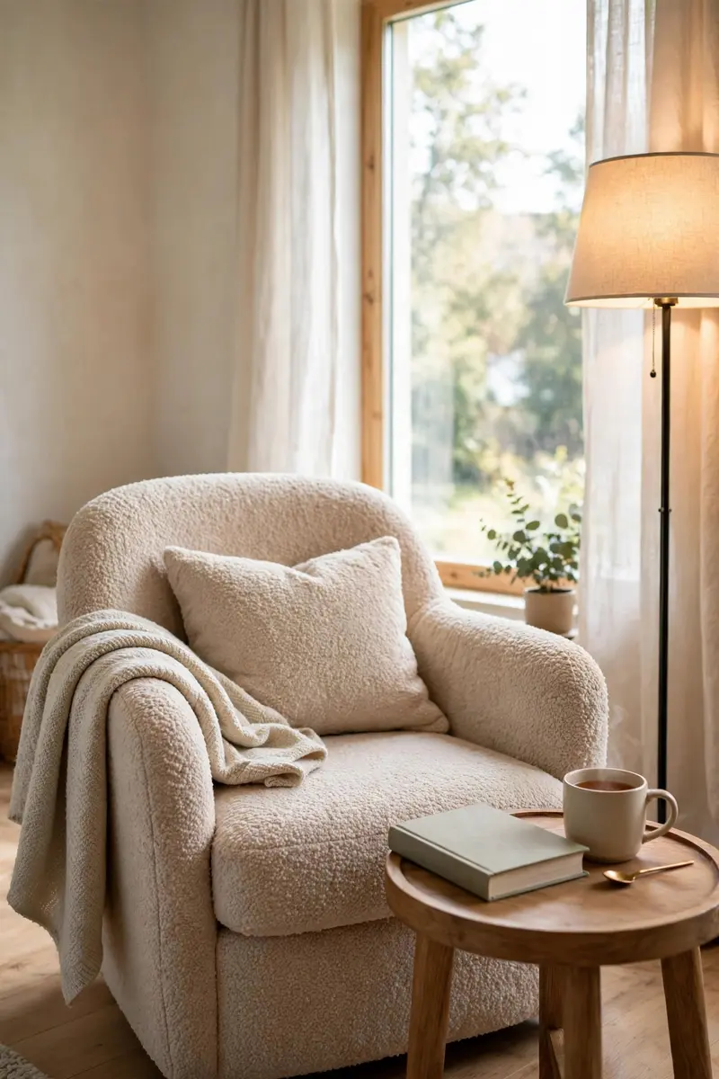 Cozy bedroom reading nook with boucle chair, side table and knit throw by a window