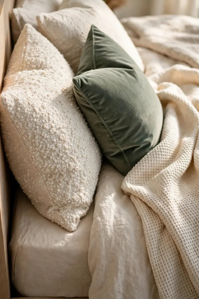 Textured bed styling with boucle pillow, sage velvet cushion and waffle-weave throw