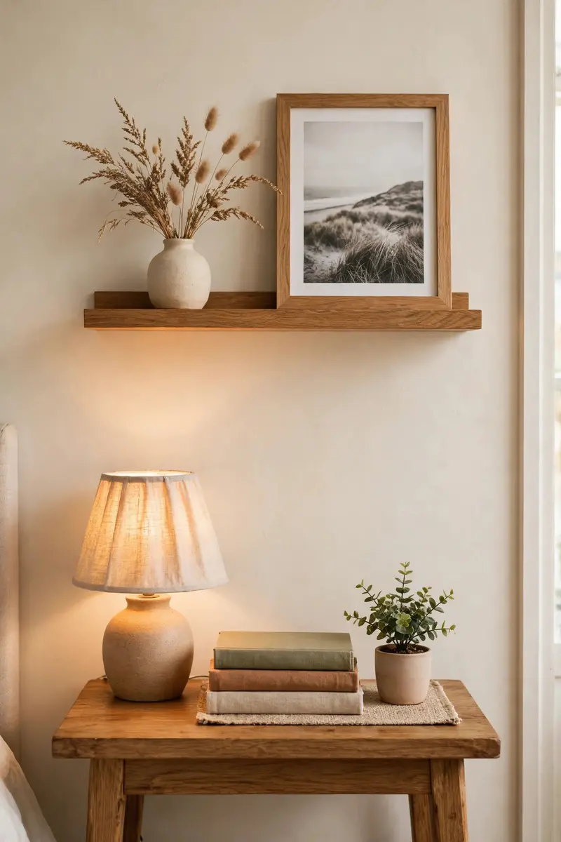 Styled nightstand with lamp, books and plant below a floating wooden shelf