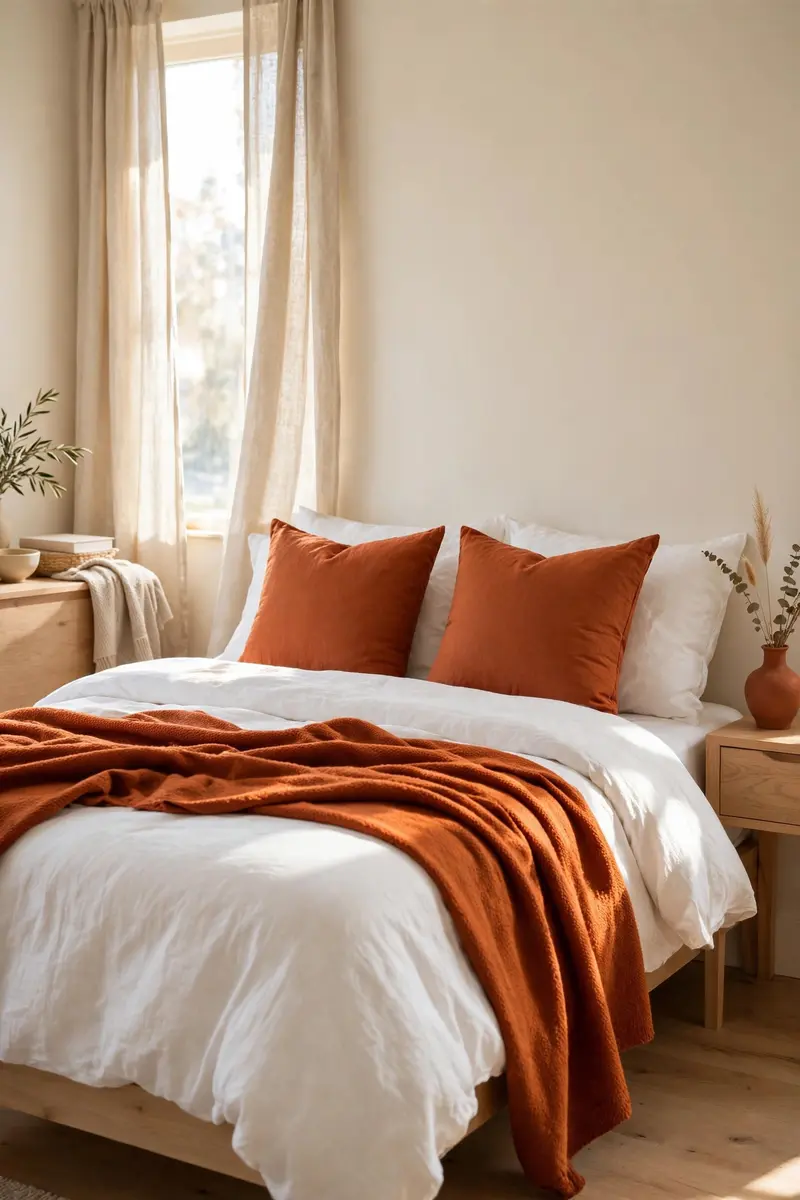 Terracotta color pop pillows and throw on cream and beige bedroom bedding