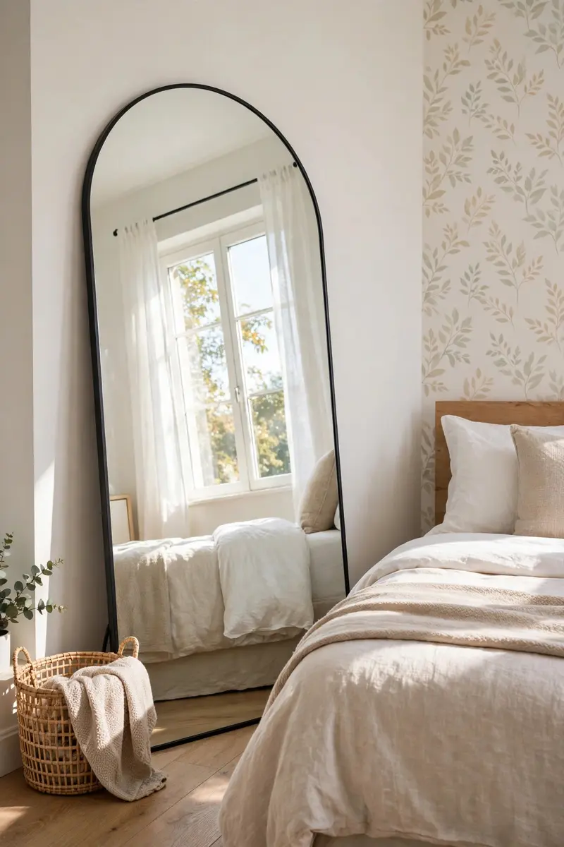 Large leaning arched mirror reflecting daylight in a small bright bedroom