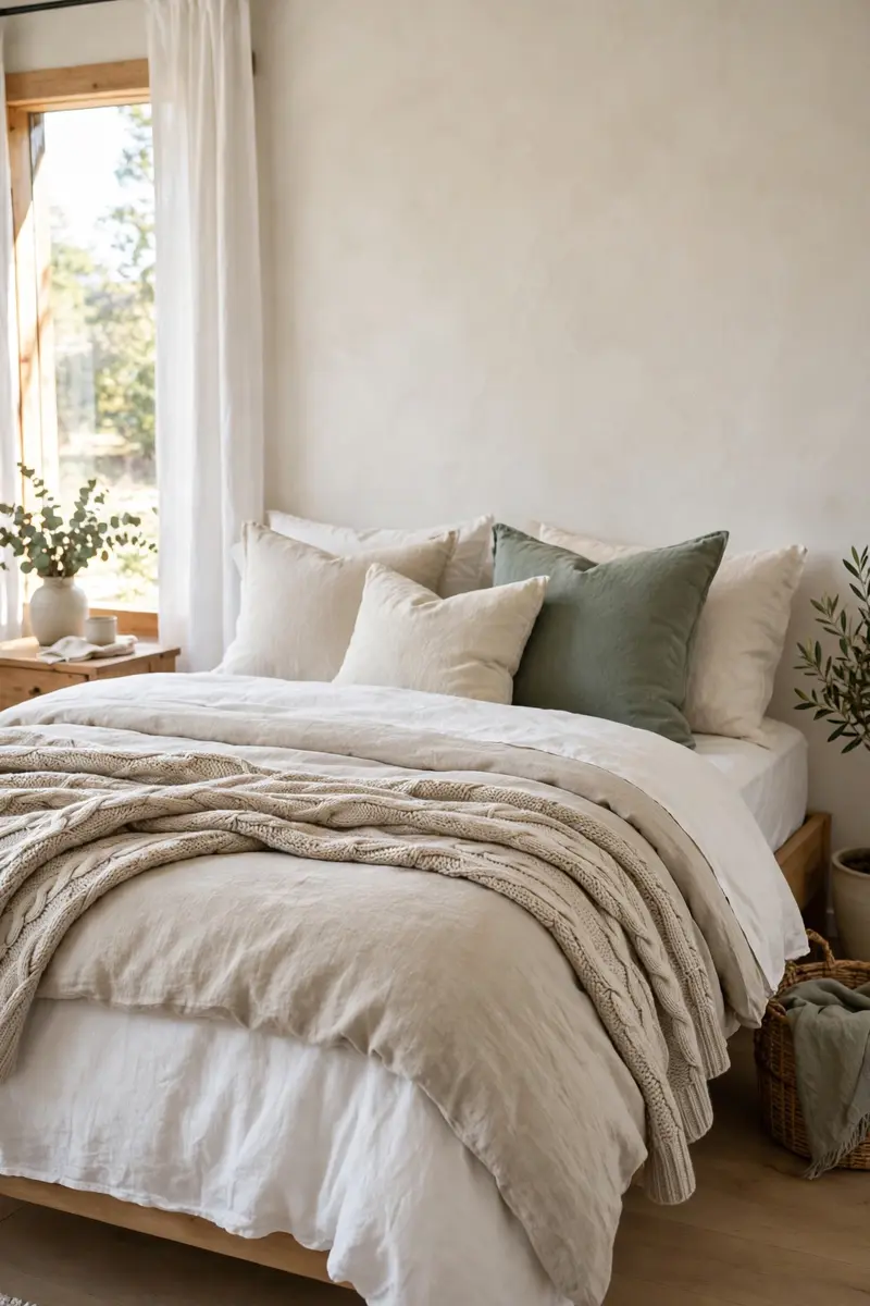 Bedroom decor ideas — layered bedding with knit throw and sage cushions