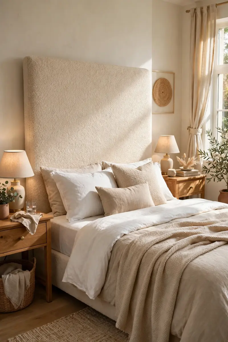 Upholstered boucle headboard in a warm cream bedroom