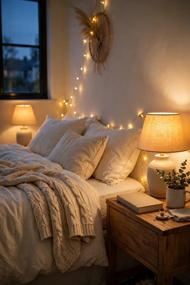 Warm layered bedroom lighting with lamps and fairy lights