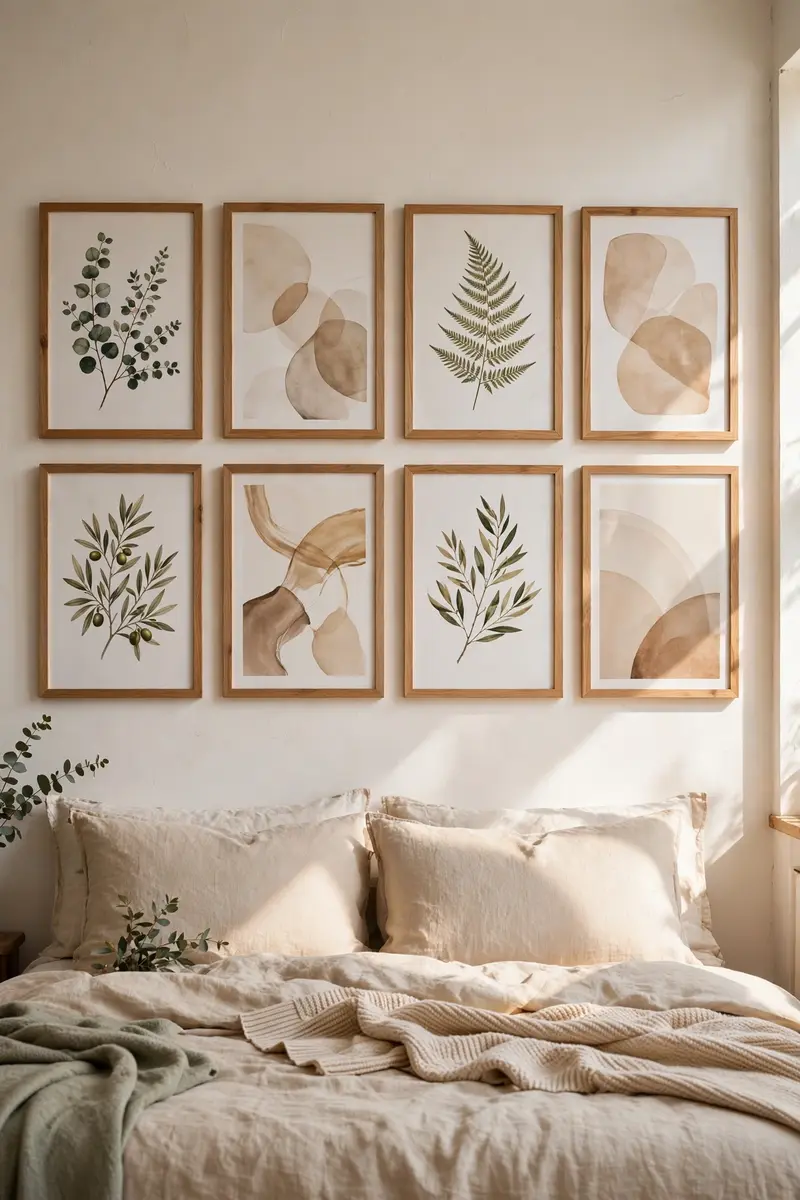 Gallery wall of botanical prints above a bedroom bed