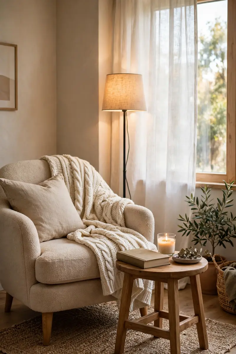 Cozy bedroom reading corner with armchair and floor lamp