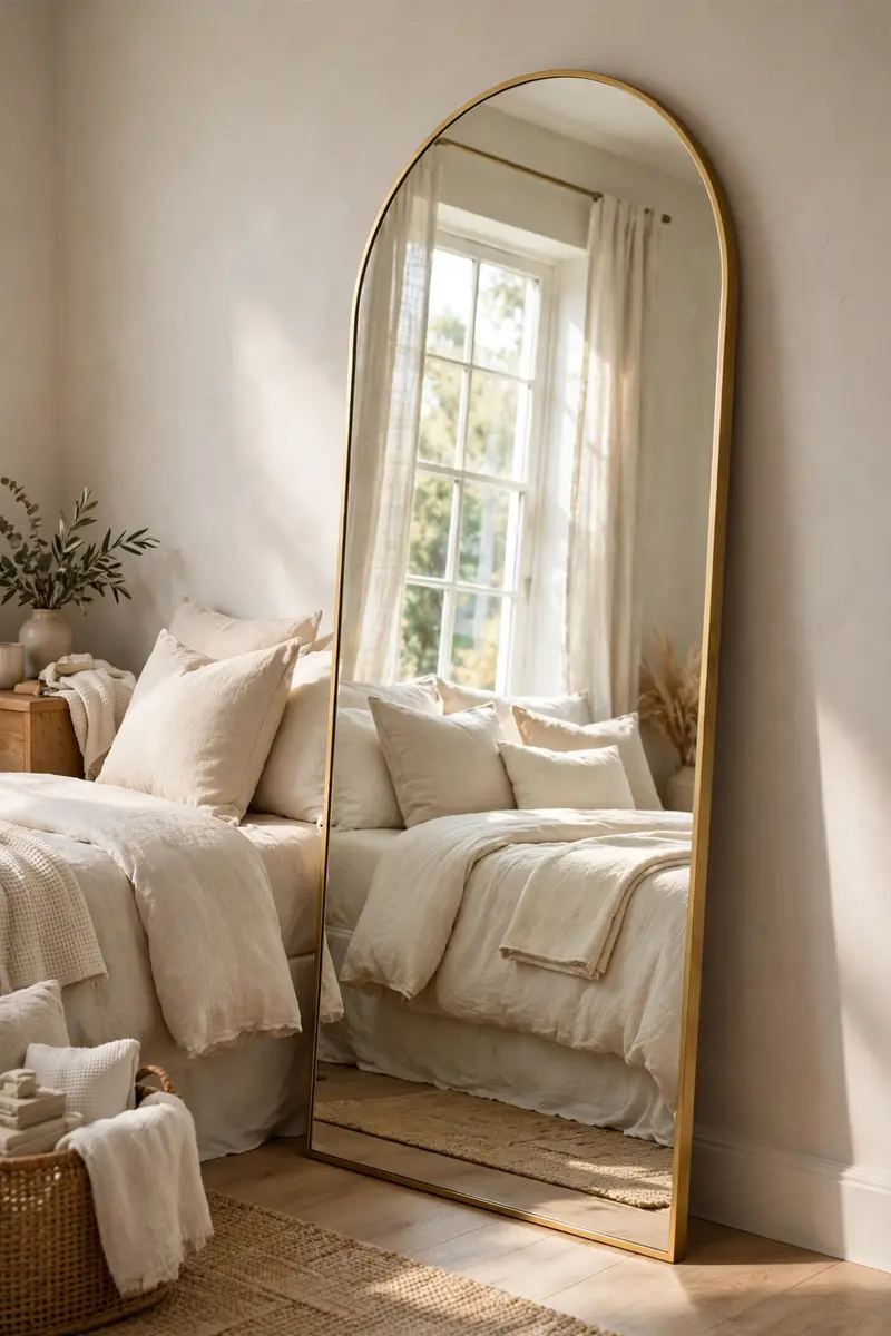 Tall arched gold mirror leaning in a bright bedroom