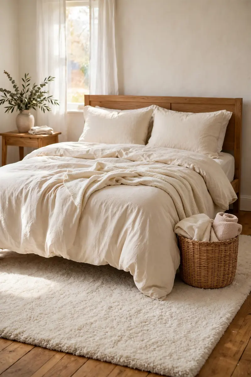 Plush cream rug anchoring a bed in a cozy bedroom