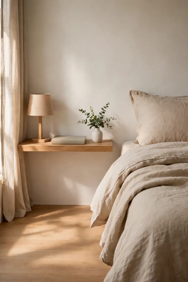 Floating wooden nightstand shelf beside a bedroom bed