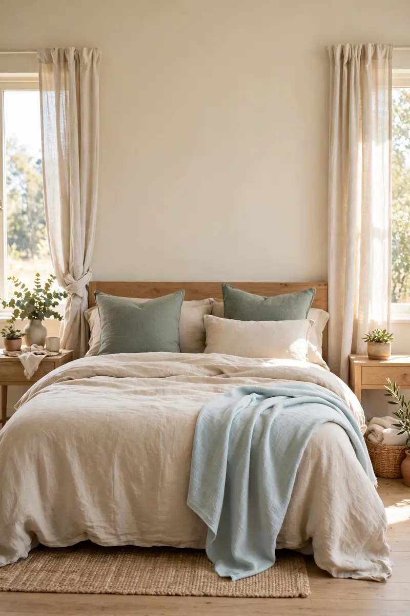 Calm bedroom in warm neutrals with sage and blue accents