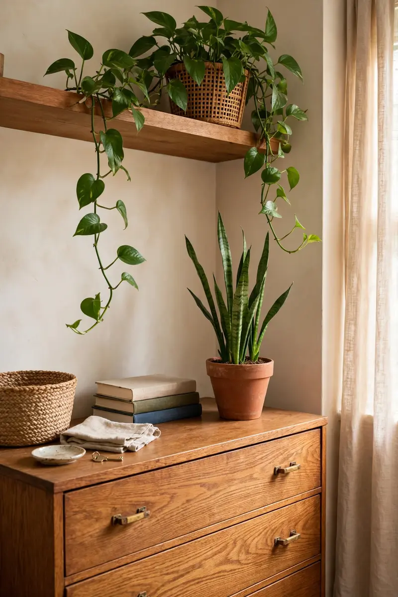 Bedroom dresser with trailing pothos and snake plant