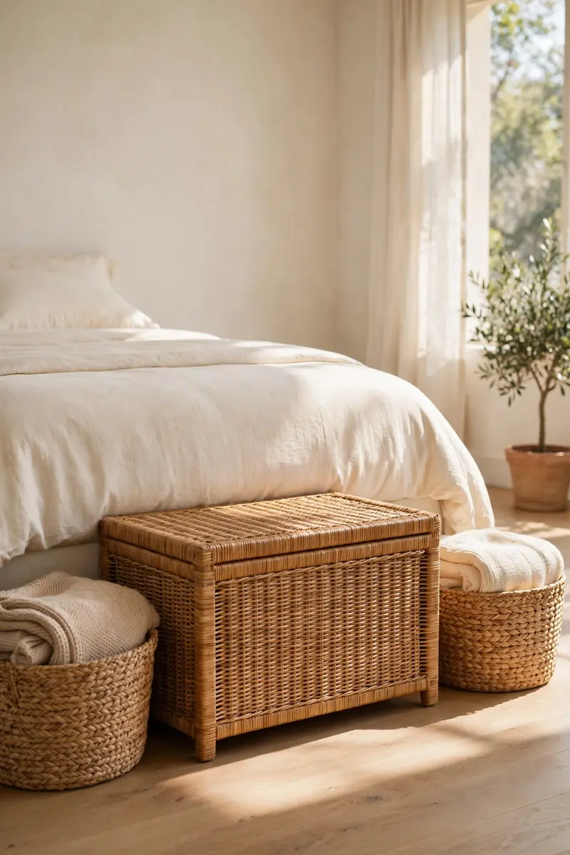 Woven storage bench and baskets at the foot of a bed
