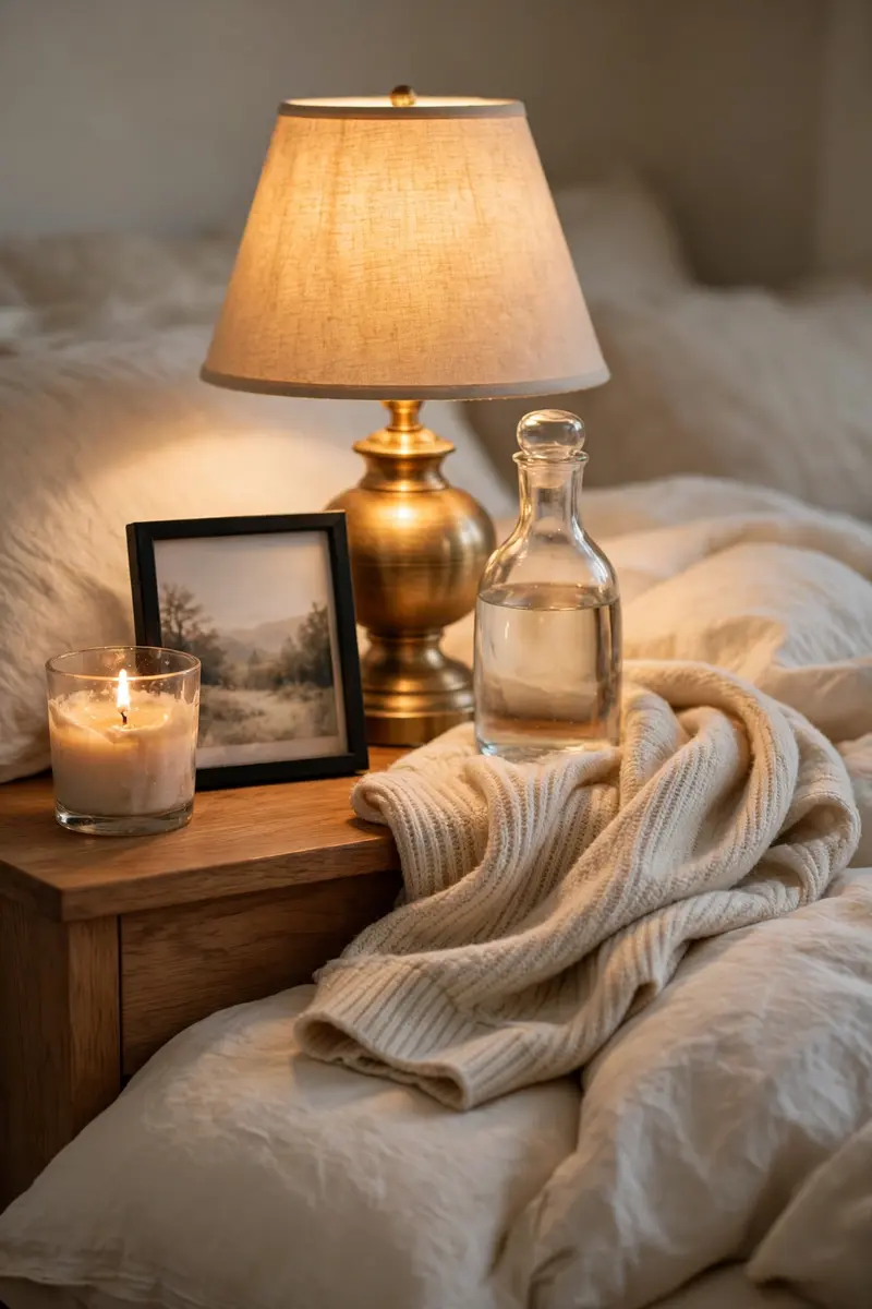 Styled bedroom nightstand with lamp, candle and carafe