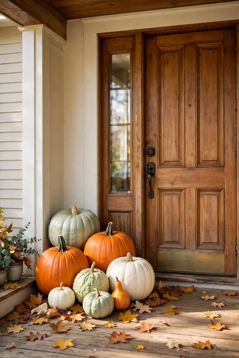 Fall front porch decor ideas with a layered pumpkin cluster by the front door