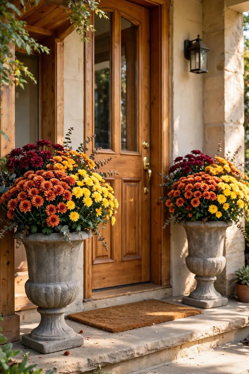 Fall front porch decor ideas with mums in tall urn planters flanking the door