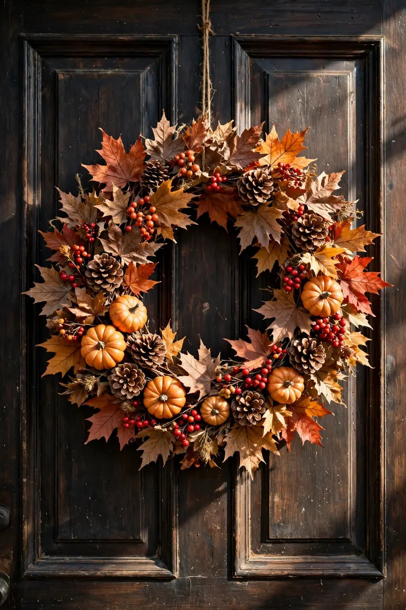 Fall front porch decor ideas with a dried-leaf wreath on a wooden front door