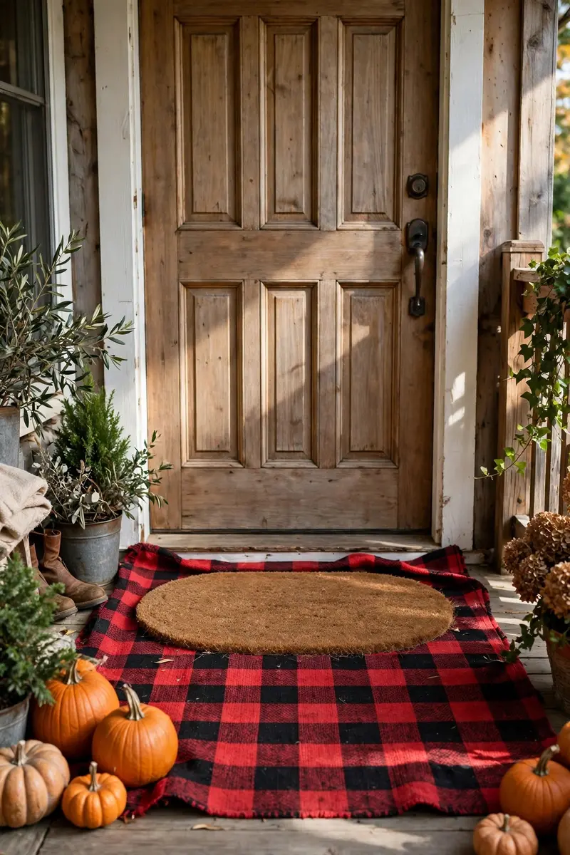 Layered buffalo plaid rug and coir doormat on a fall front porch