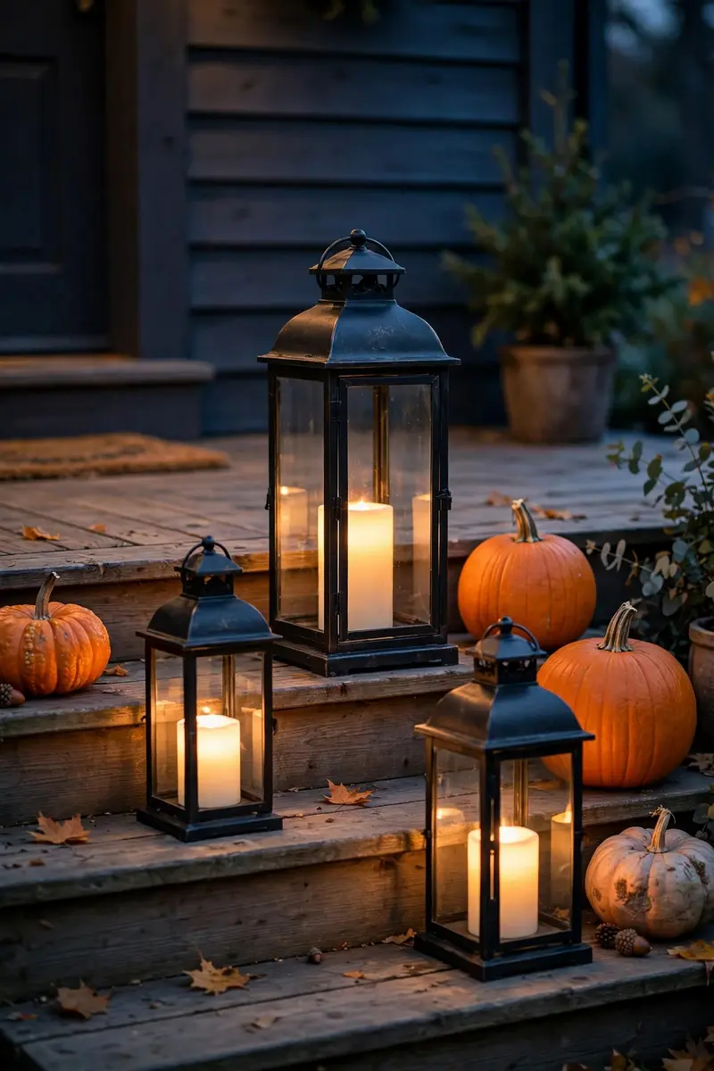 Black lanterns with LED candles lining wooden front porch steps