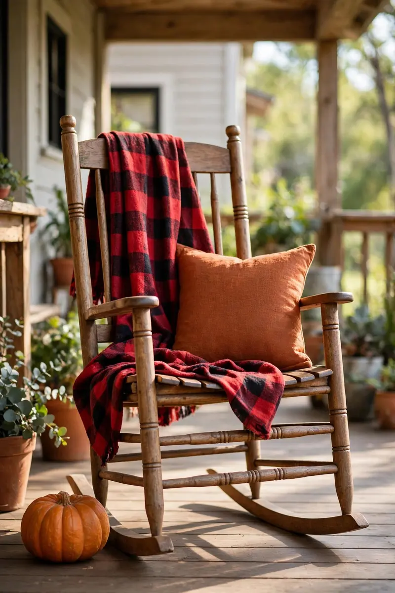 Cozy porch rocking chair with plaid throw and pumpkin pillow