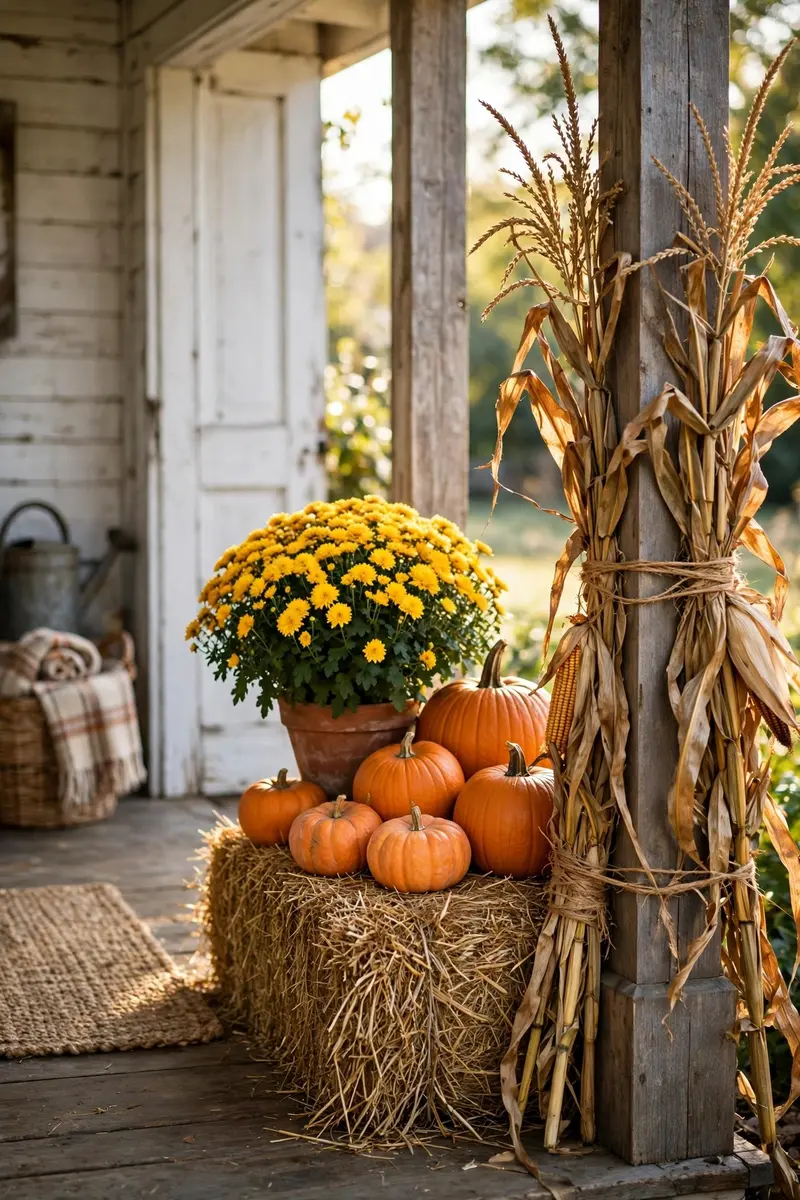 Corn stalks tied beside a hay bale with pumpkins on a farmhouse porch